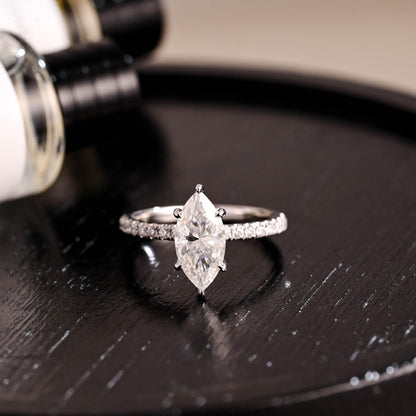 Solid Gold Hidden Halo Marquise Moissanite Engagement Ring, Half Pave Band Ring