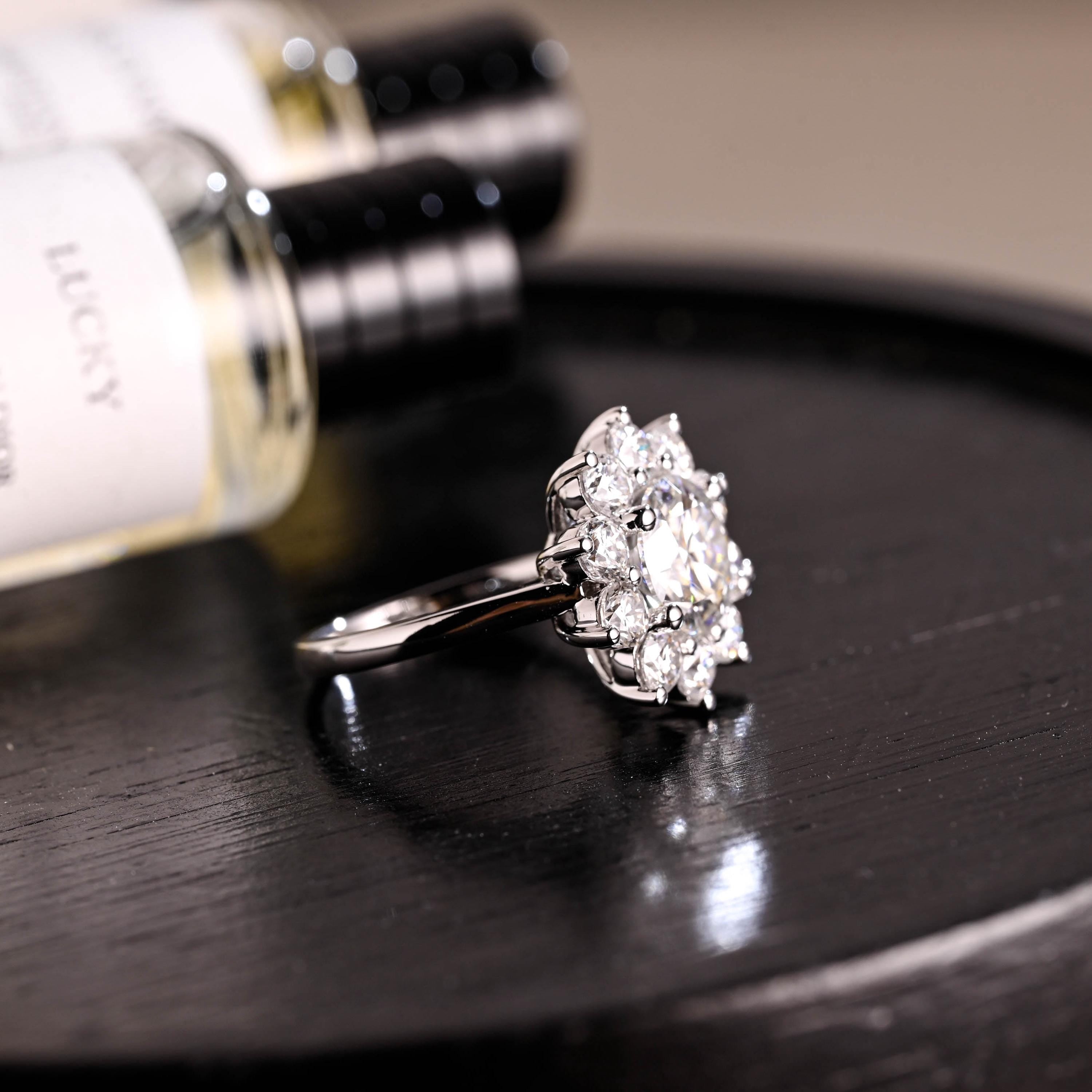 Solid Gold Low Profile Sunflower Cluster Round Cut Moissanite Engagement Ring