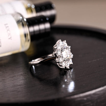 Solid Gold Low Profile Sunflower Cluster Round Cut Moissanite Engagement Ring
