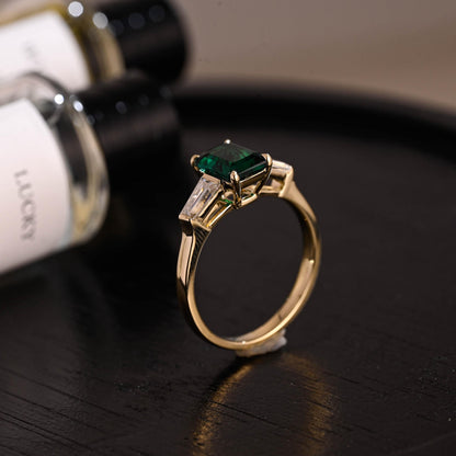 Lab Grown Emerald Engagement Ring, Three Trapezoid Moissanite Wedding Ring, Anniversary Emerald Gemstone Ring, Moissanite Ring, Emerald Ring