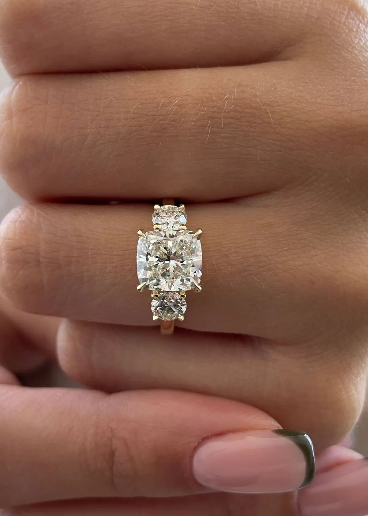 2.5ct Cushion D-VVS Lab Grown Diamond Three Stones Engagement Ring