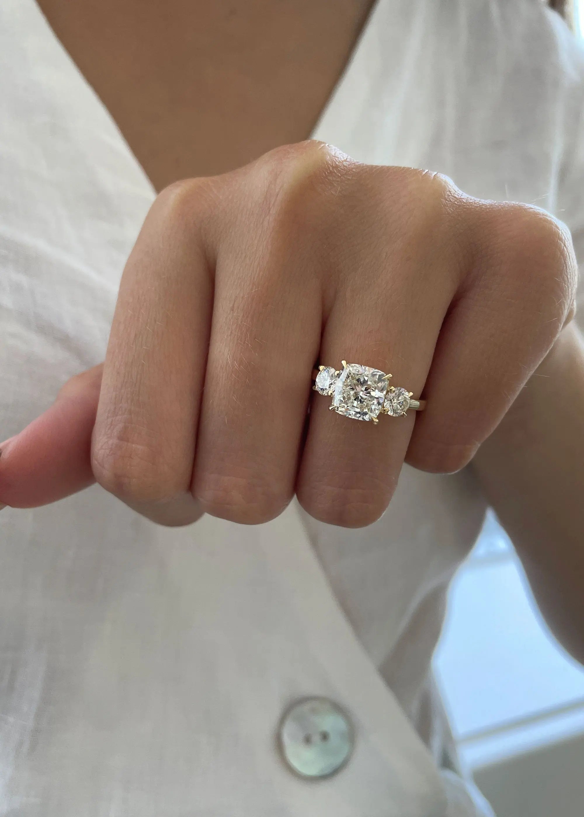2.5ct Cushion D-VVS Lab Grown Diamond Three Stones Engagement Ring