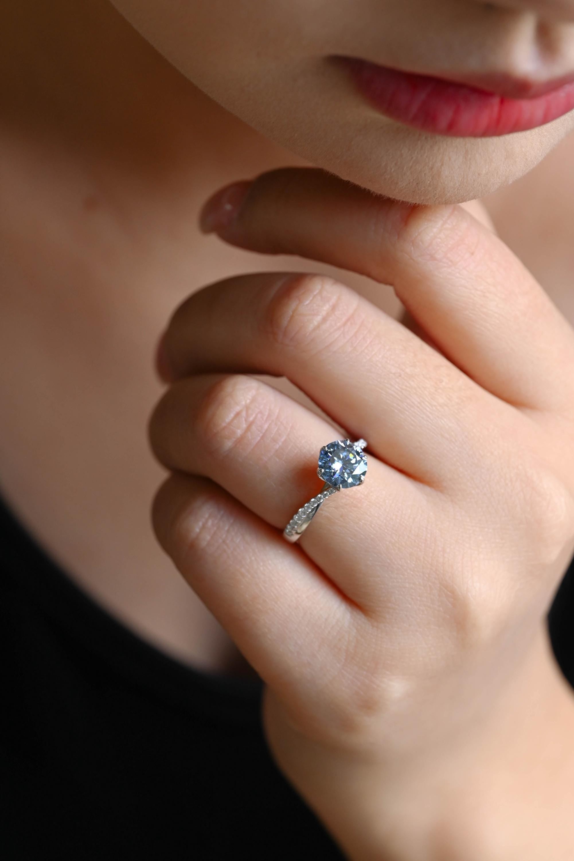 Solid Gold Round Cut Blue Moissanite Engagement Ring, Pave Band Wedding Ring, Birthday Gift for Women