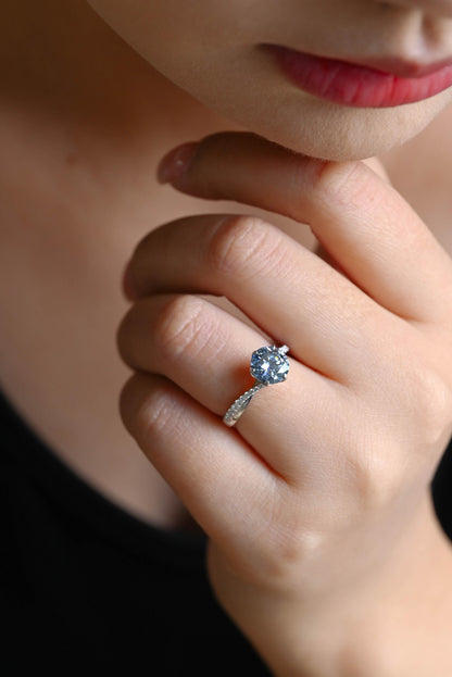 Solid Gold Round Cut Blue Moissanite Engagement Ring, Pave Band Wedding Ring, Birthday Gift for Women