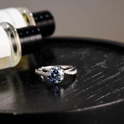 Solid Gold Round Cut Blue Moissanite Engagement Ring, Pave Band Wedding Ring, Birthday Gift for Women