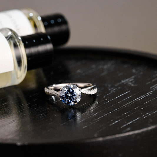 Solid Gold Round Cut Blue Moissanite Engagement Ring, Pave Band Wedding Ring, Birthday Gift for Women