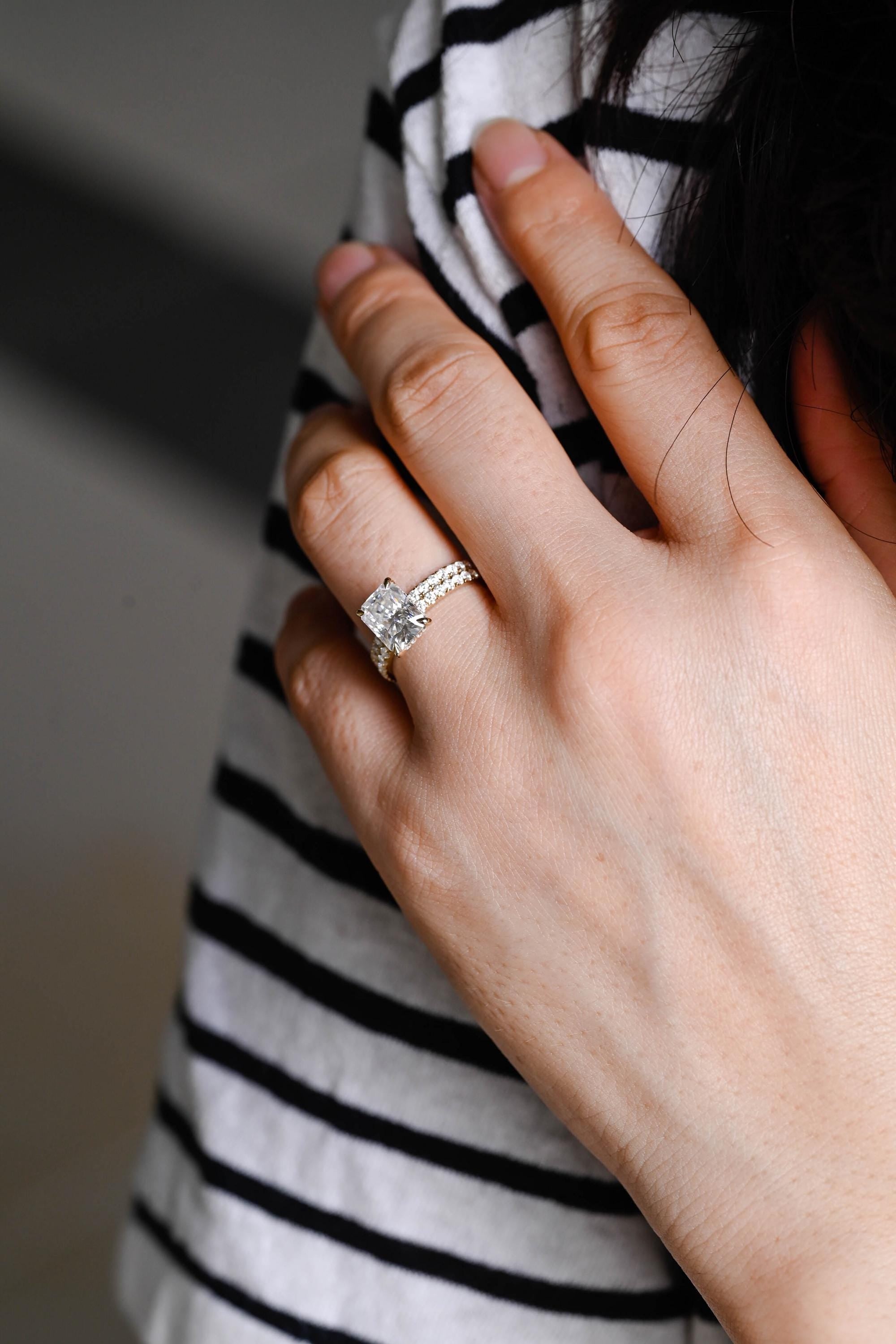 Solid Gold Half Pave Hidden Halo Radiant Cut Moissanite Engagement Ring