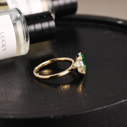Solid Gold Toi et Moi Lab Grown Emerald & Pear Santa Maria Color Sapphire Engagement Ring