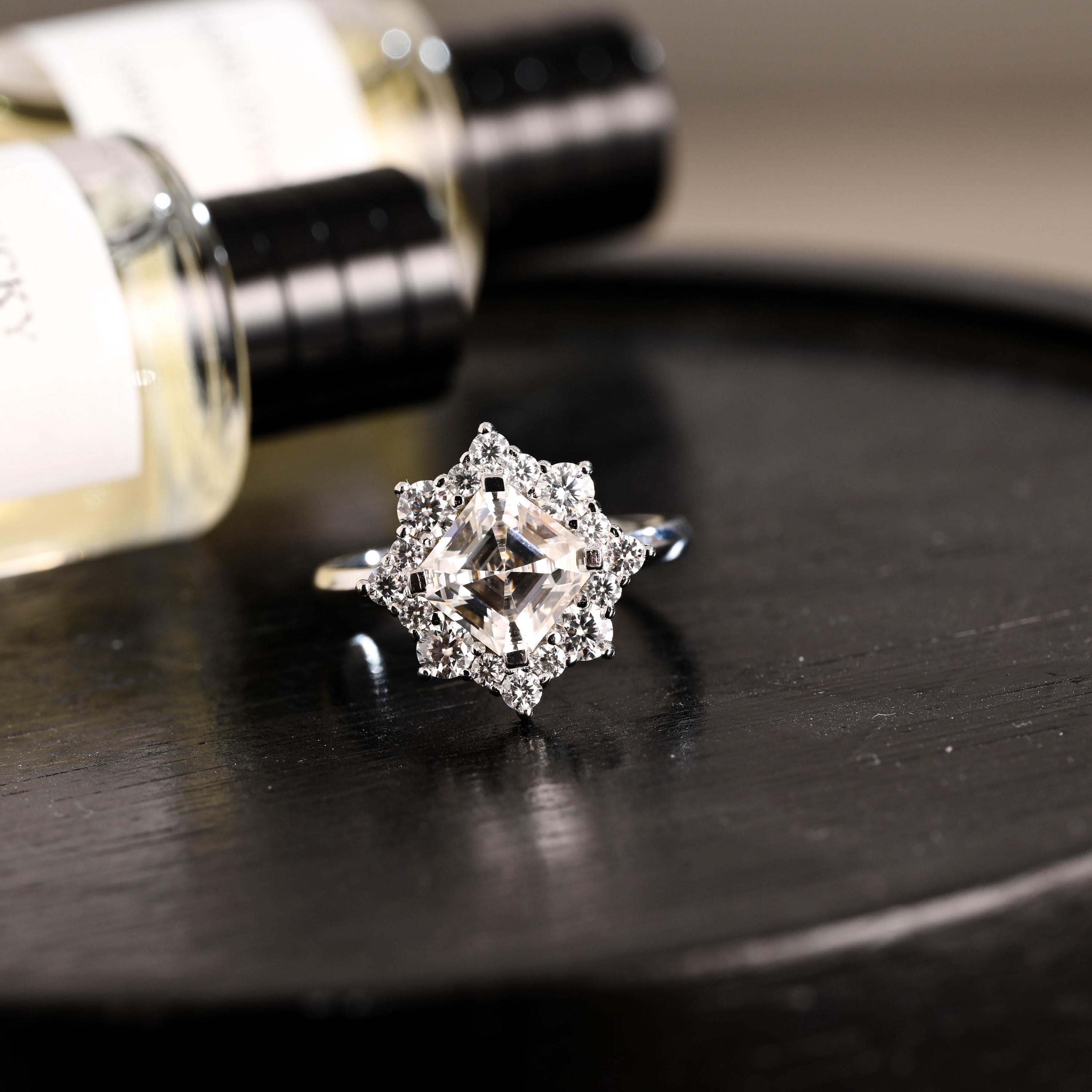 Solid Gold Asscher Cut Moissanite Engagement Ring, Anniversary Gift Birthday Gift for Women Wife