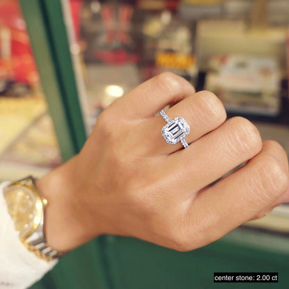 2.0 ct Emerald Cut Halo D- VVS Lab Grown Diamond Pave Engagement Ring