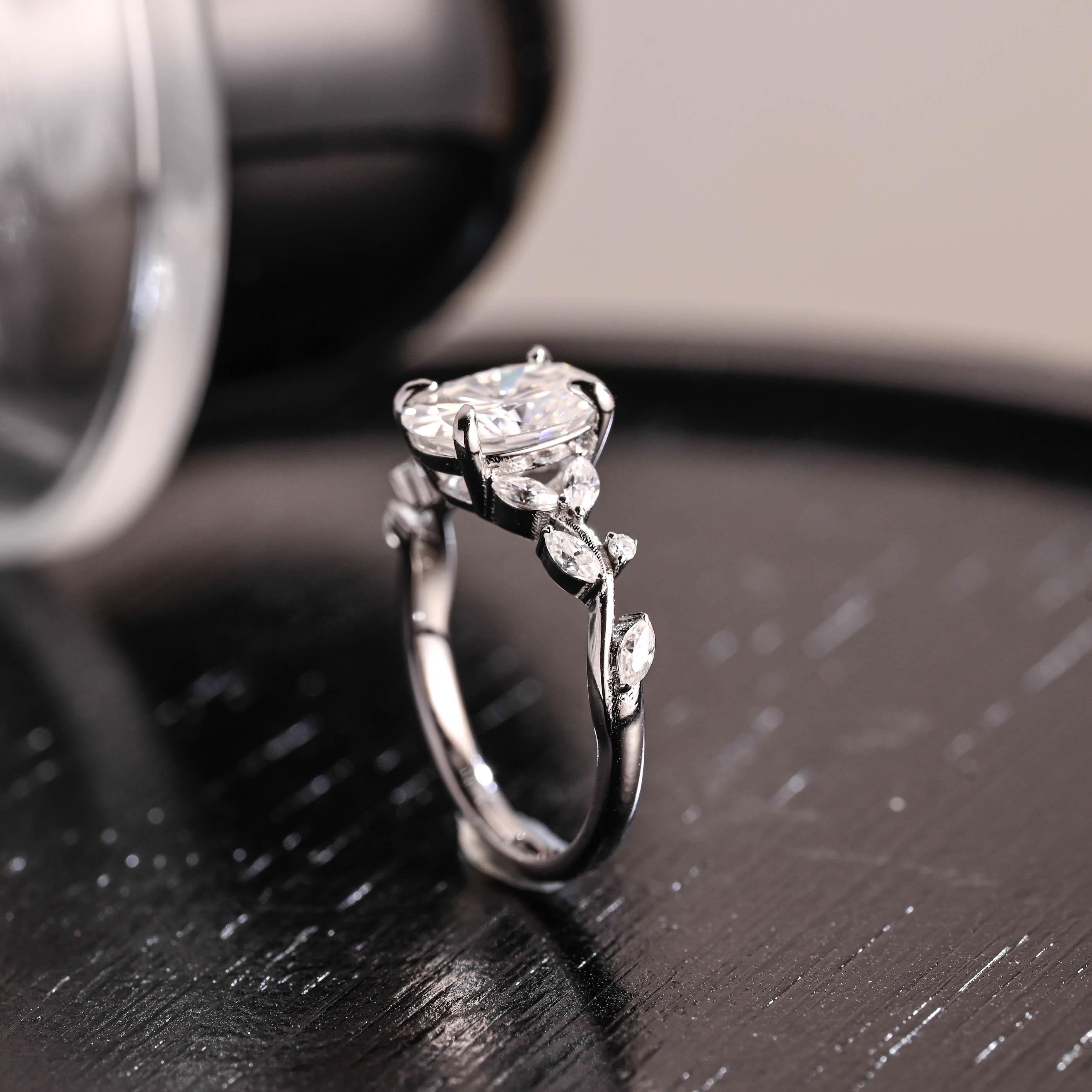 Solid Gold Low Setting Oval Cut Moissanite Engagement Ring, Side Cluster Wedding Ring