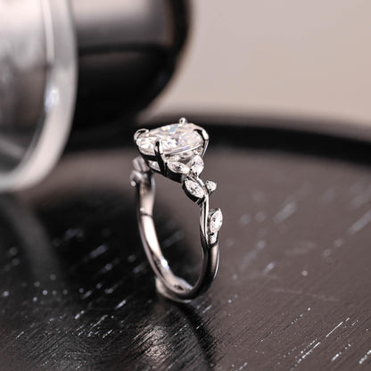 Solid Gold Low Setting Oval Cut Moissanite Engagement Ring, Side Cluster Wedding Ring