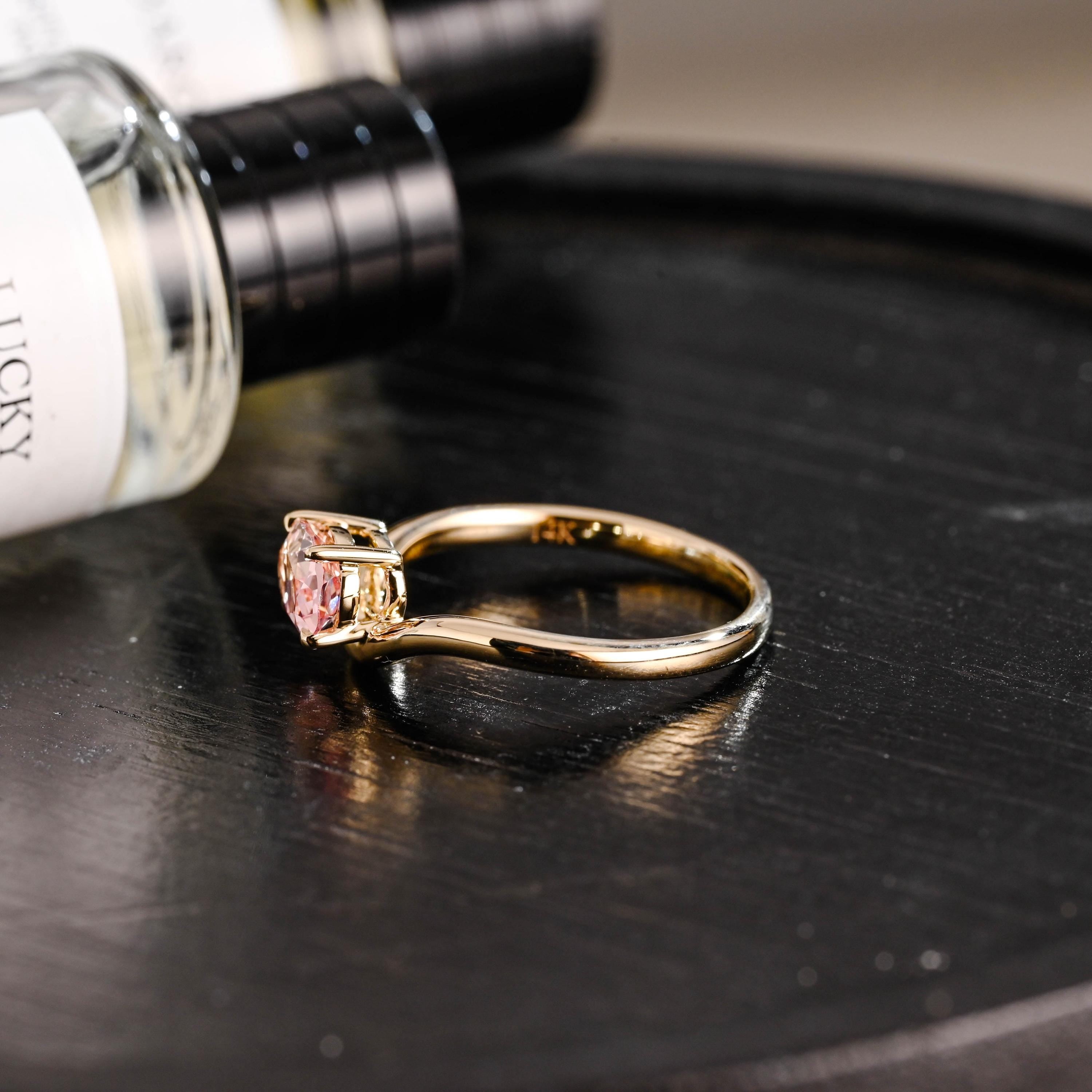 Solid Gold Oval Cut Solitaire Lab Grown Pink Sapphire Engagement Ring, Gift for Women