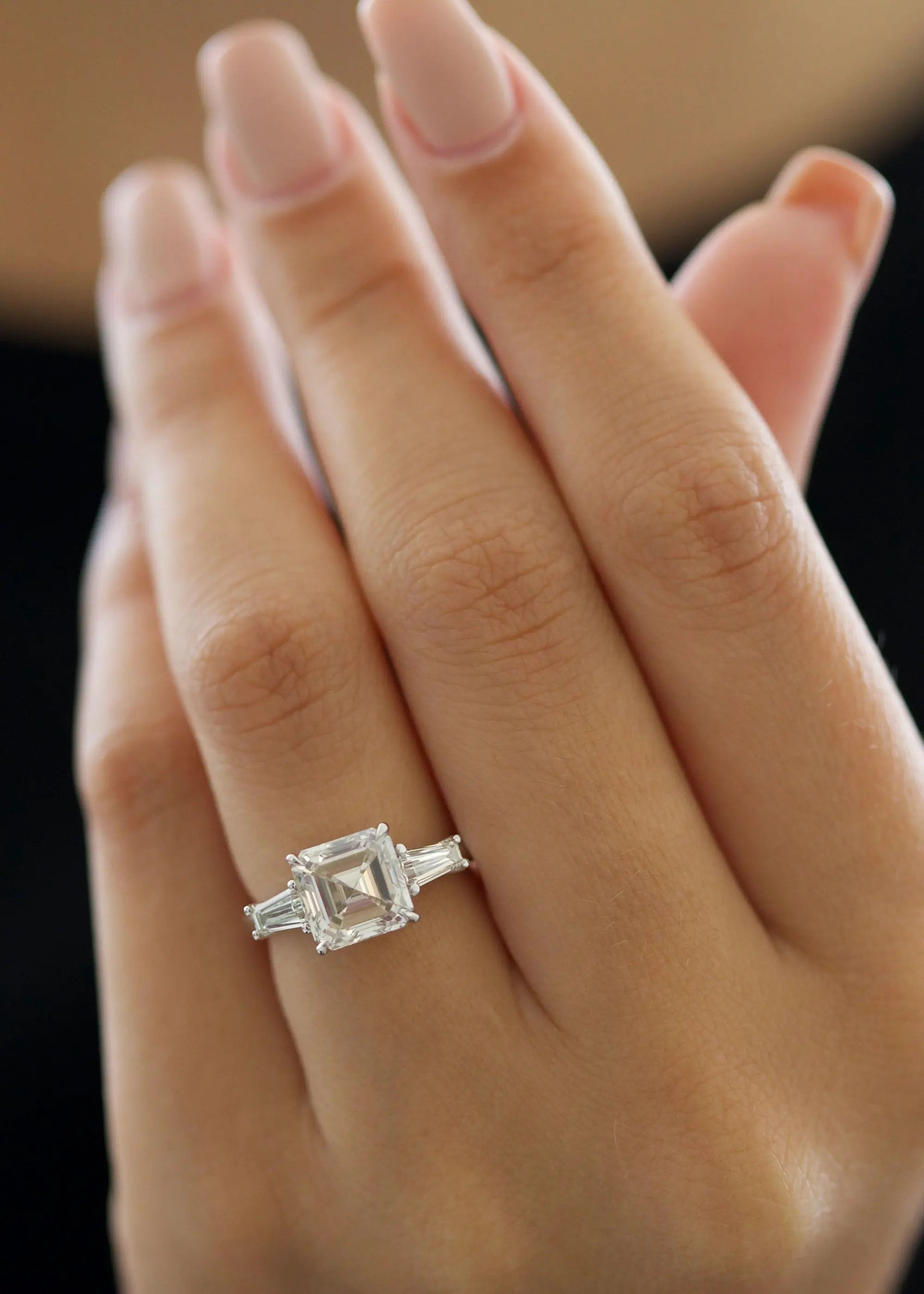 3.0 ct Asscher D-VVS Lab Grown Diamond Three Stones Engagement Ring