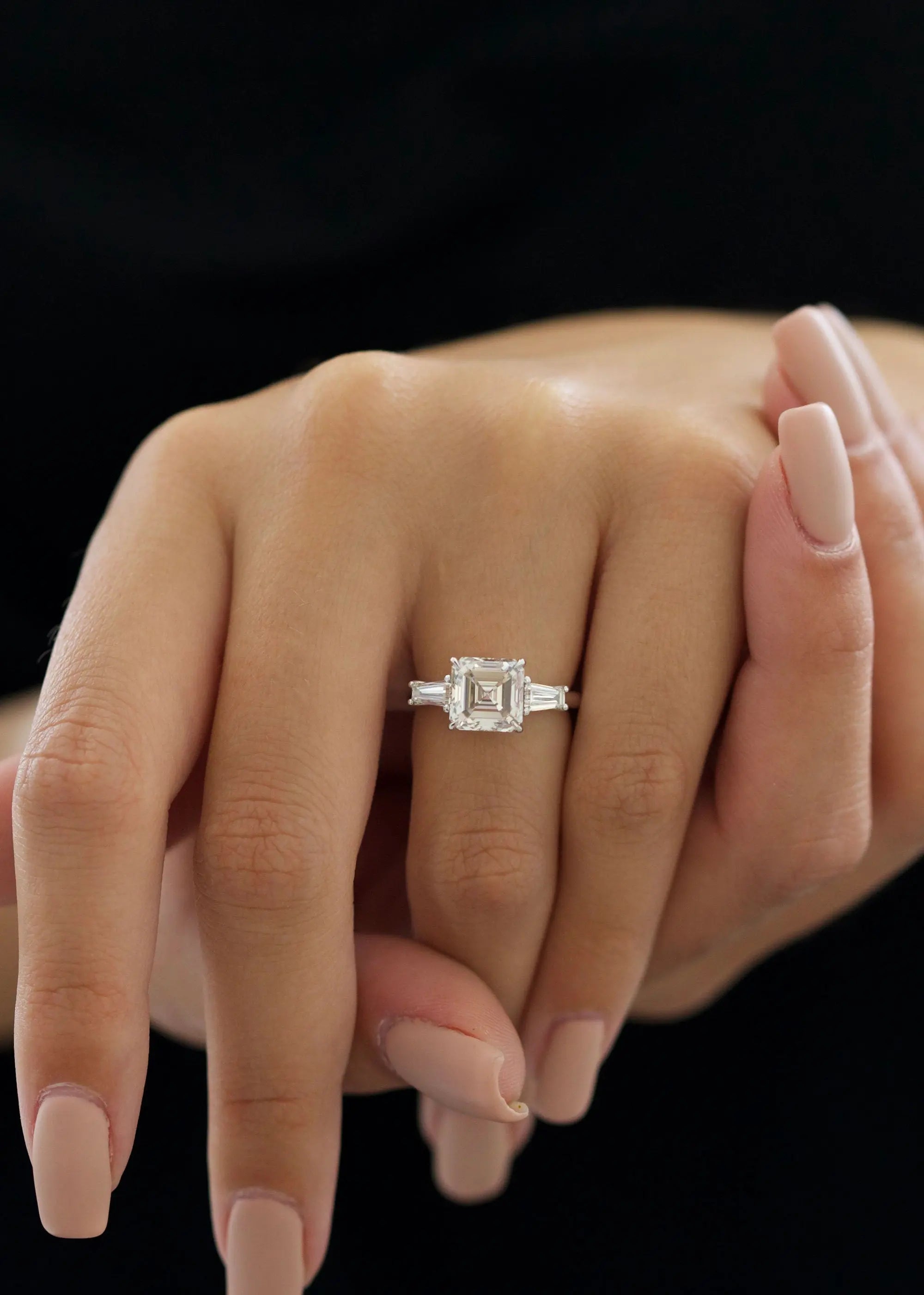 3.0 ct Asscher D-VVS Lab Grown Diamond Three Stones Engagement Ring