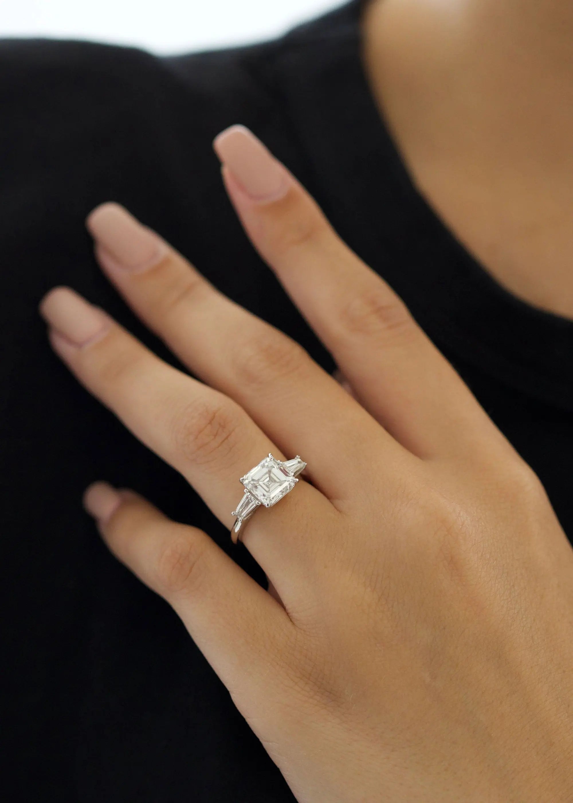 3.0 ct Asscher D-VVS Lab Grown Diamond Three Stones Engagement Ring