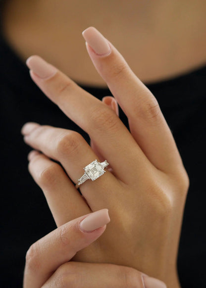 3.0 ct Asscher D-VVS Lab Grown Diamond Three Stones Engagement Ring