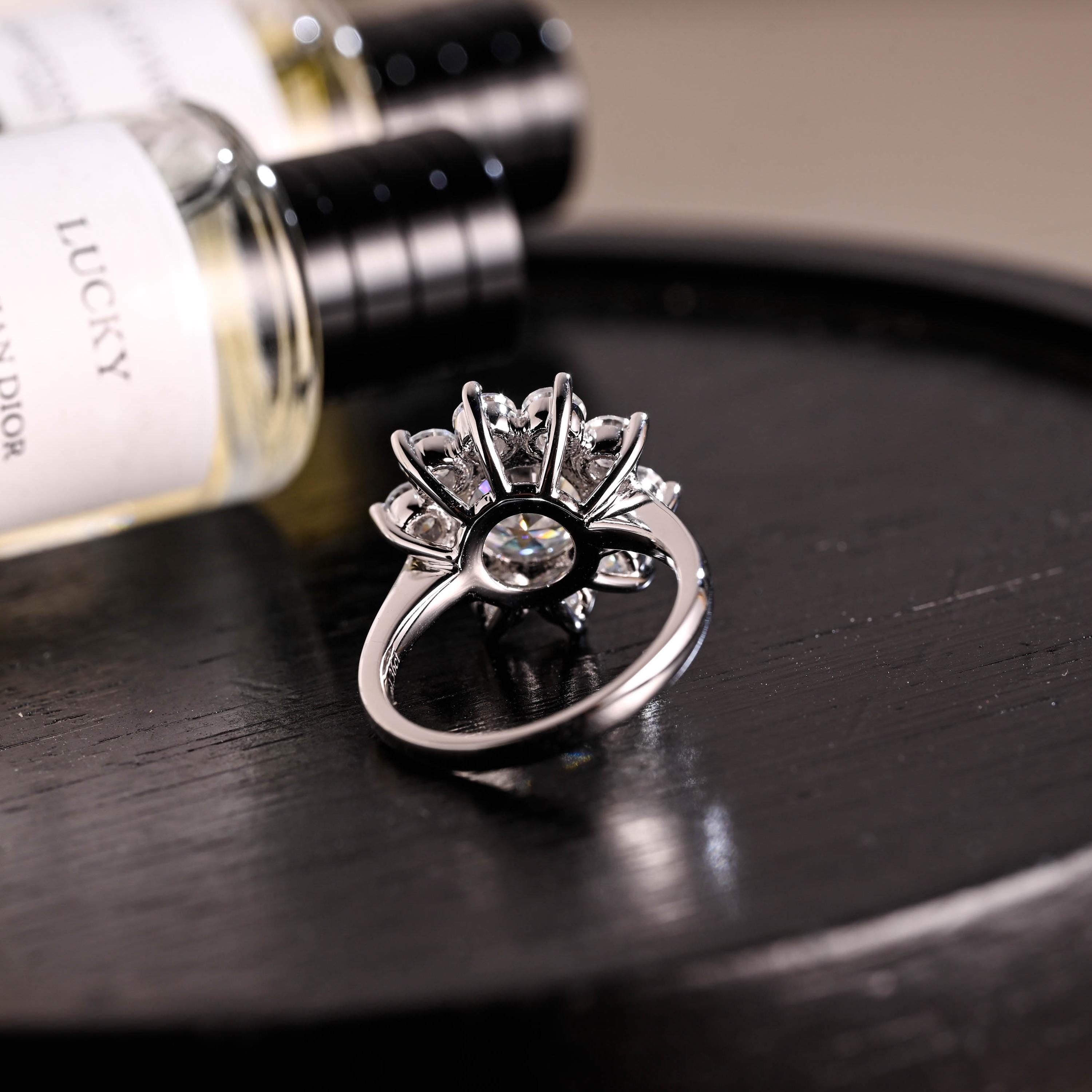 Solid Gold Low Profile Sunflower Cluster Round Cut Moissanite Engagement Ring