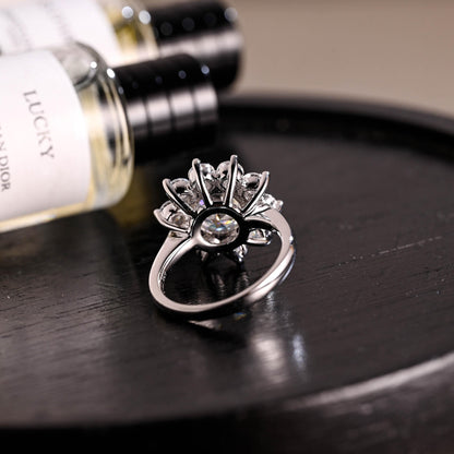 Solid Gold Low Profile Sunflower Cluster Round Cut Moissanite Engagement Ring