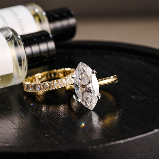 Beaded Marquise Moissanite Engagement Ring Set, Solid Gold Bridal Set, Emerald Cut Wedding Ring