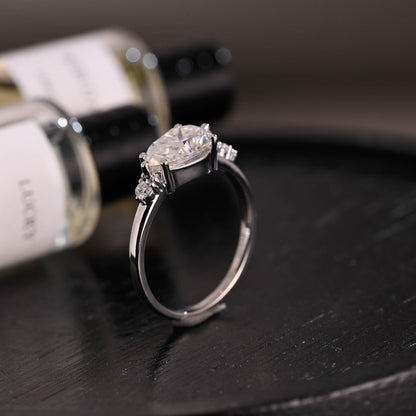 Horizontal Set Main Stone Solid Gold Pear Cut Moissanite Engagement Ring, Wedding Ring
