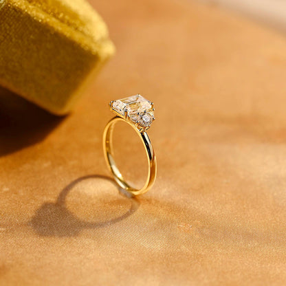 Three Stone Emerald Cut Moissanite Engagement Ring, Side Cluster Emerald Cut Moissanite Wedding Ring, Anniversary Ring, Moissanite Gifts