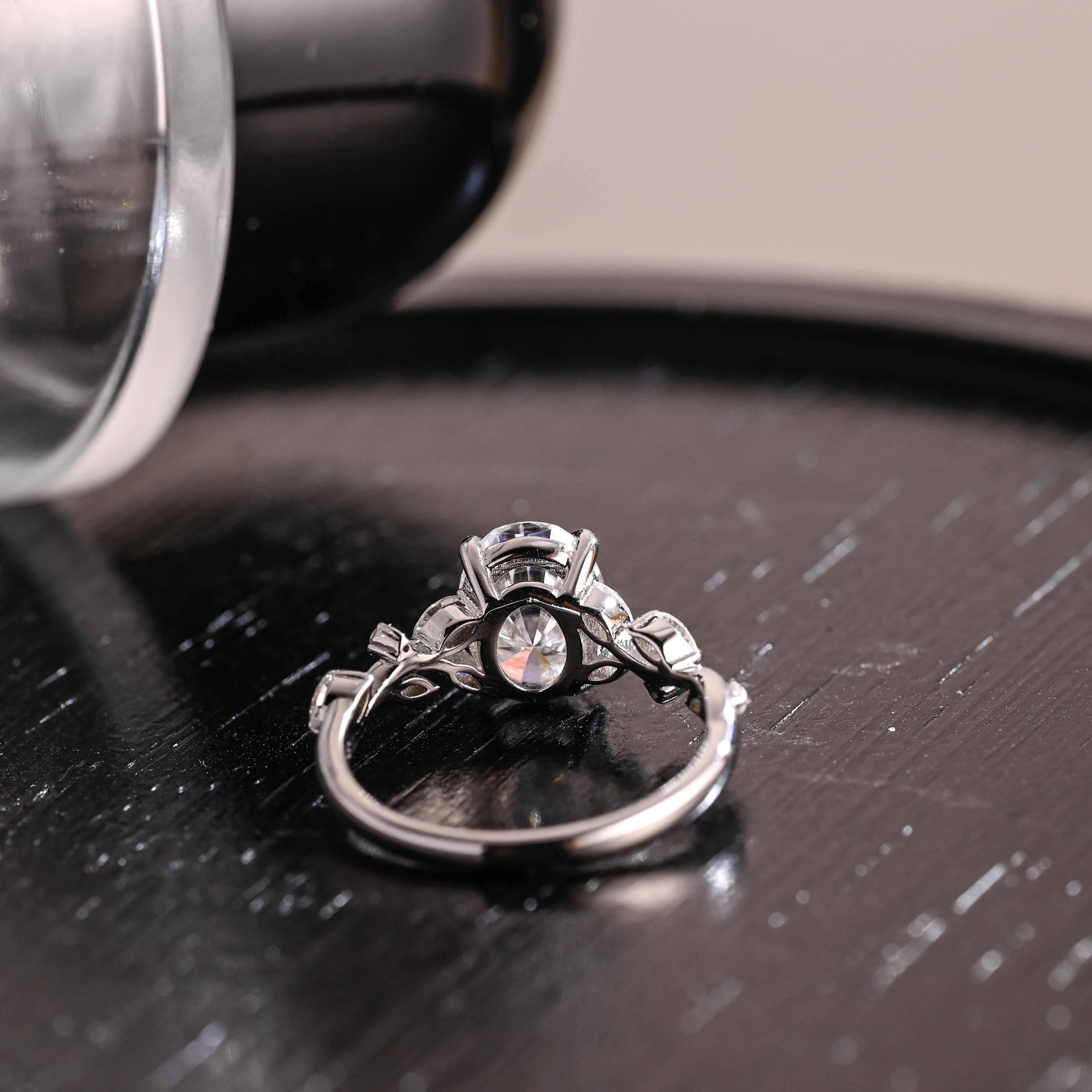 Solid Gold Low Setting Oval Cut Moissanite Engagement Ring, Side Cluster Wedding Ring