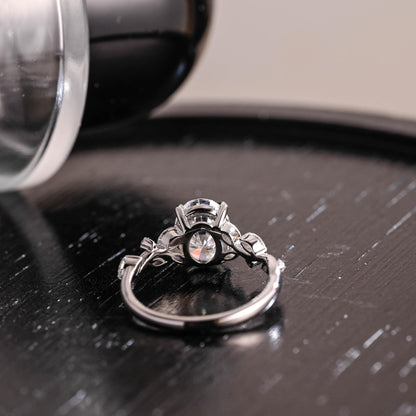 Solid Gold Low Setting Oval Cut Moissanite Engagement Ring, Side Cluster Wedding Ring