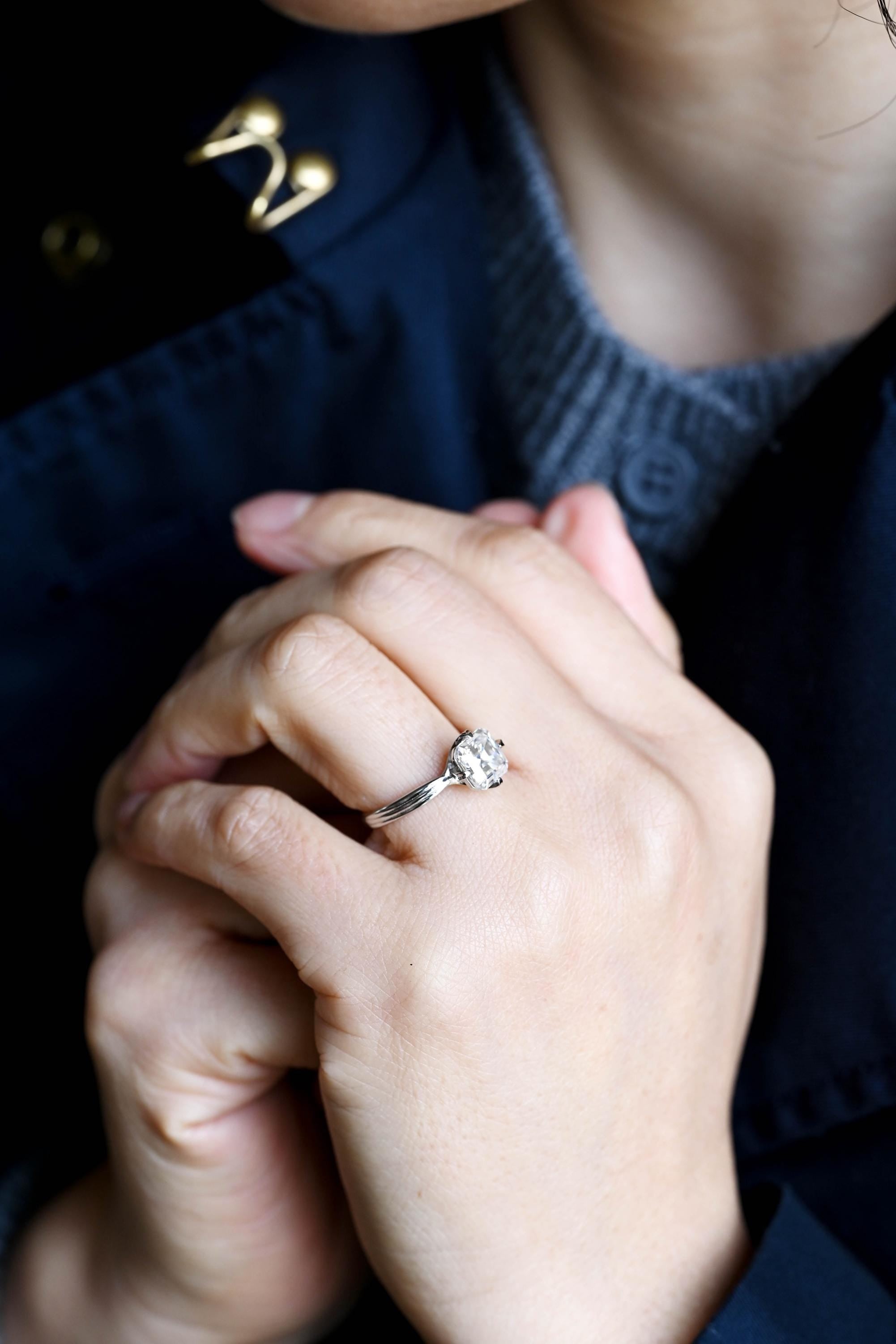 Solid Gold Asscher Cut Moissanite Engagement Ring, Anniversary Gift Birthday Gift for Women Wife