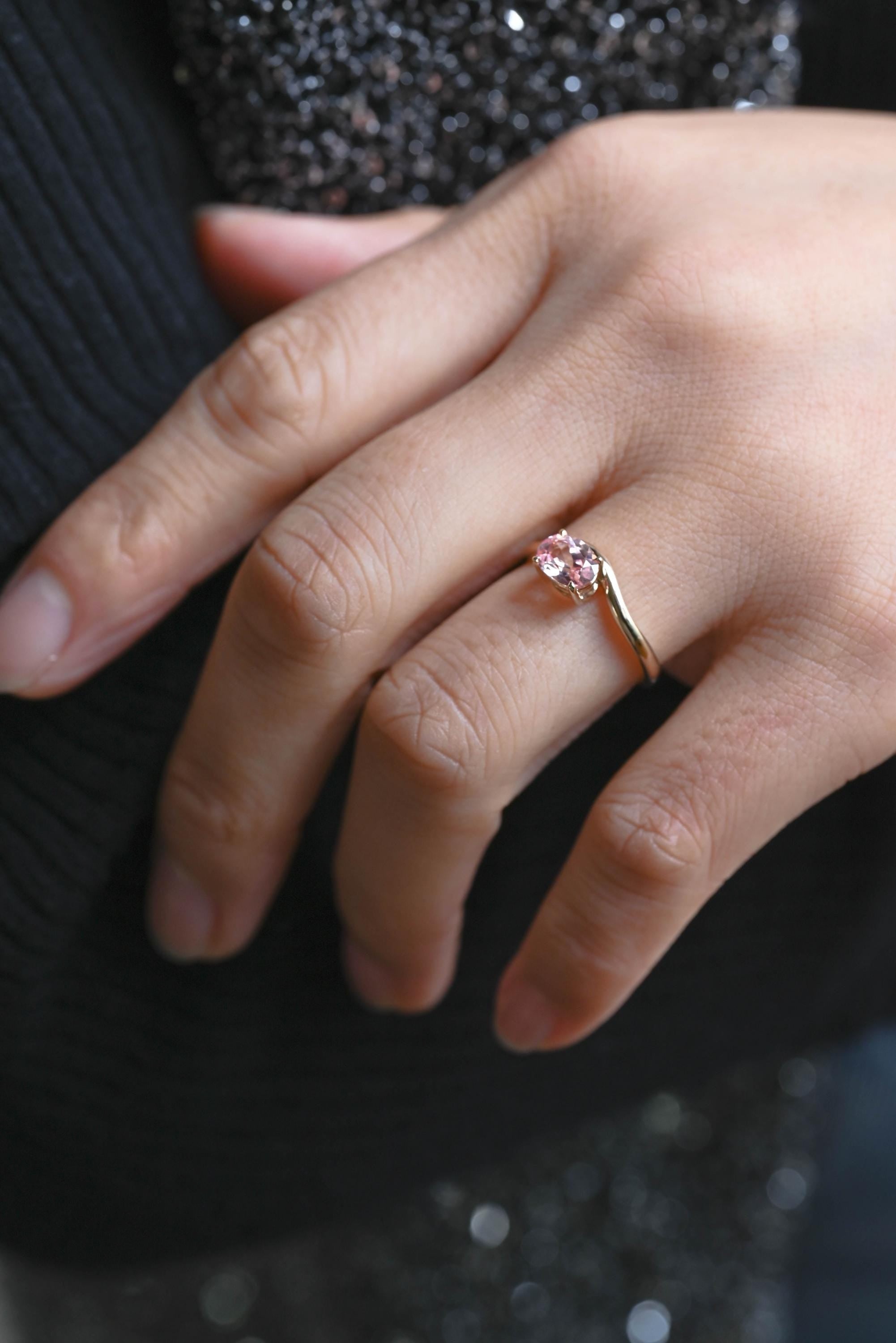 Solid Gold Oval Cut Solitaire Lab Grown Pink Sapphire Engagement Ring, Gift for Women