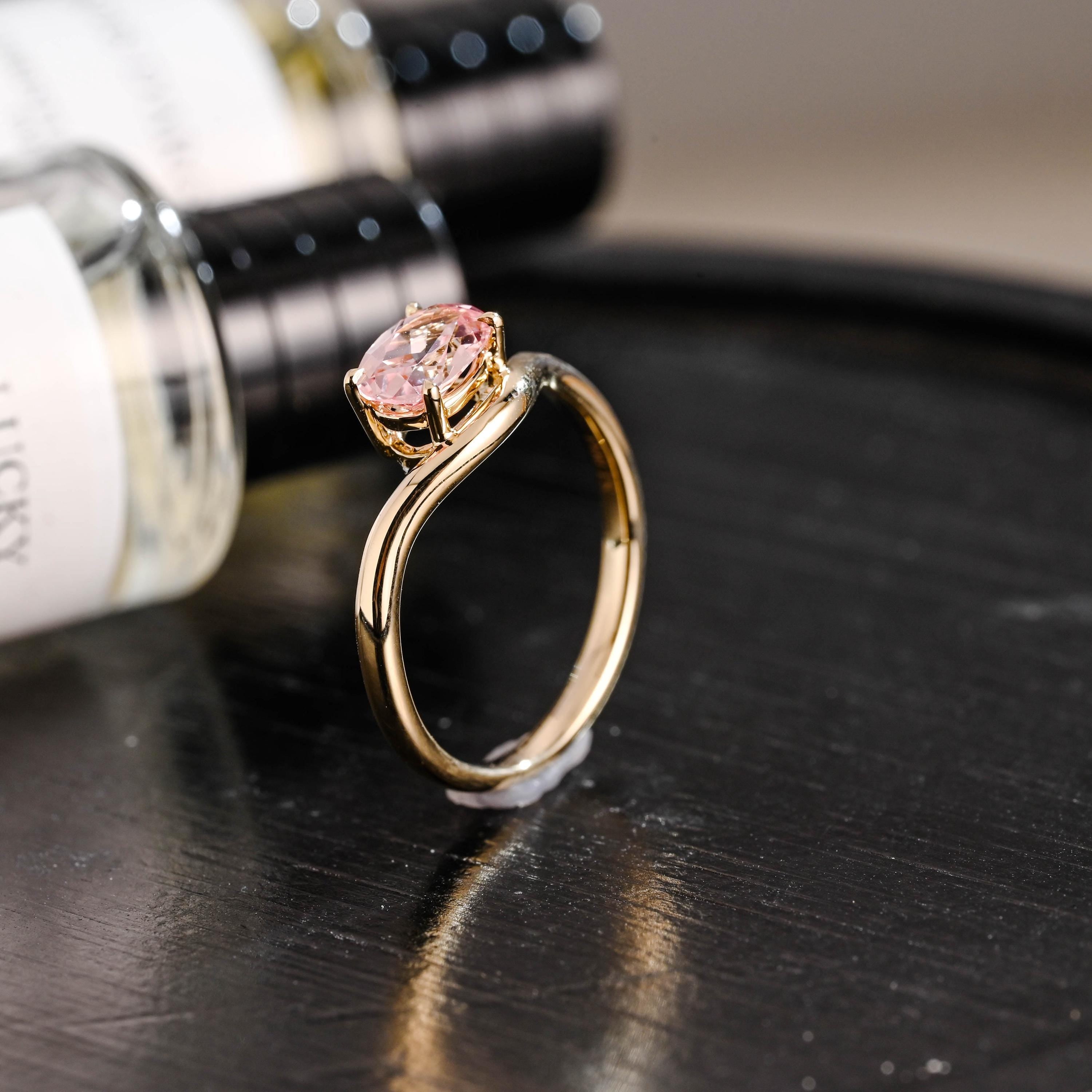 Solid Gold Oval Cut Solitaire Lab Grown Pink Sapphire Engagement Ring, Gift for Women