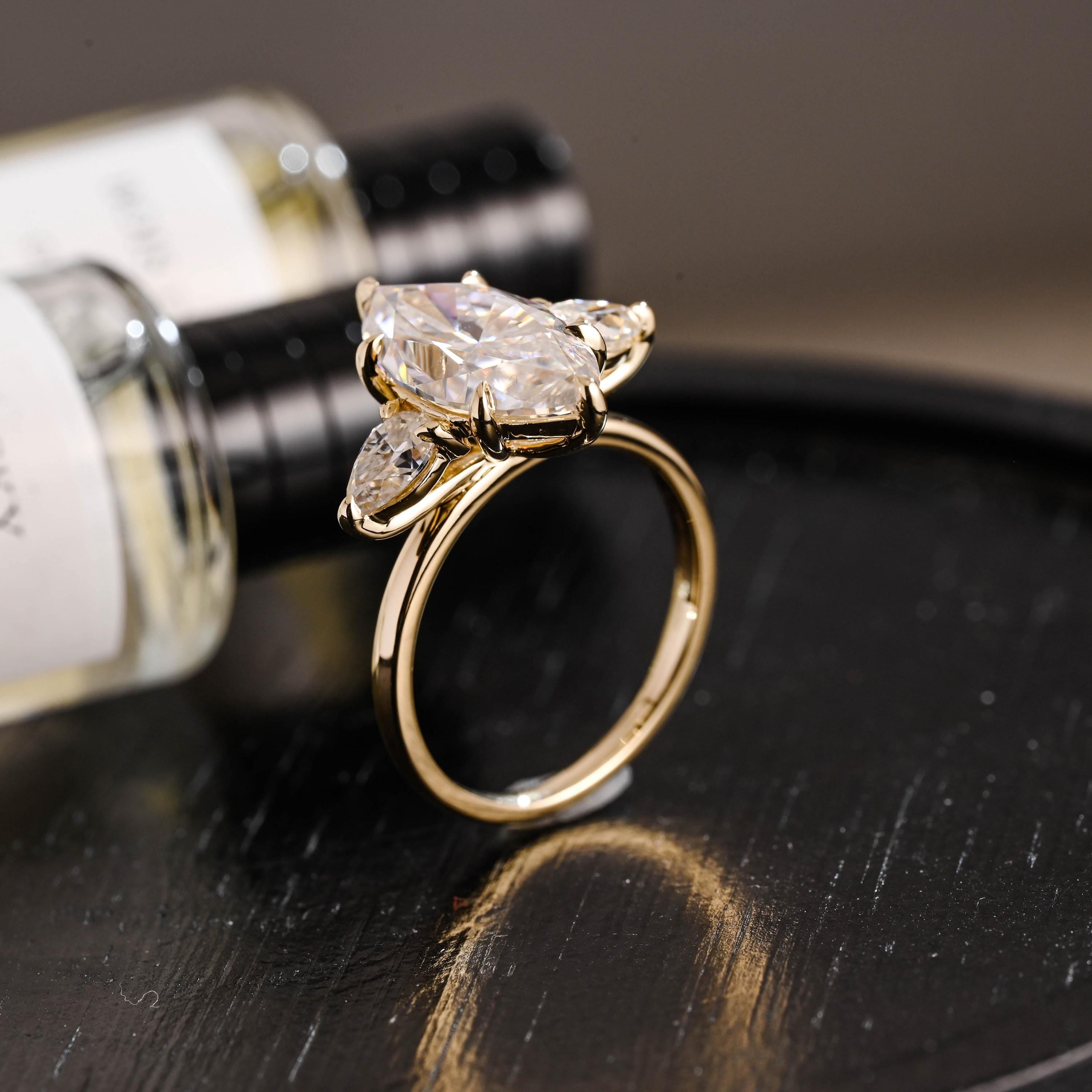 Solid Gold Marquise Moissanite Three Stone Engagement Ring, Pear Cut Accent Promise Ring