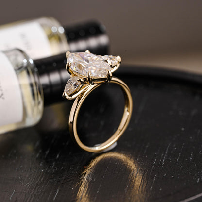 Solid Gold Marquise Moissanite Three Stone Engagement Ring, Pear Cut Accent Promise Ring