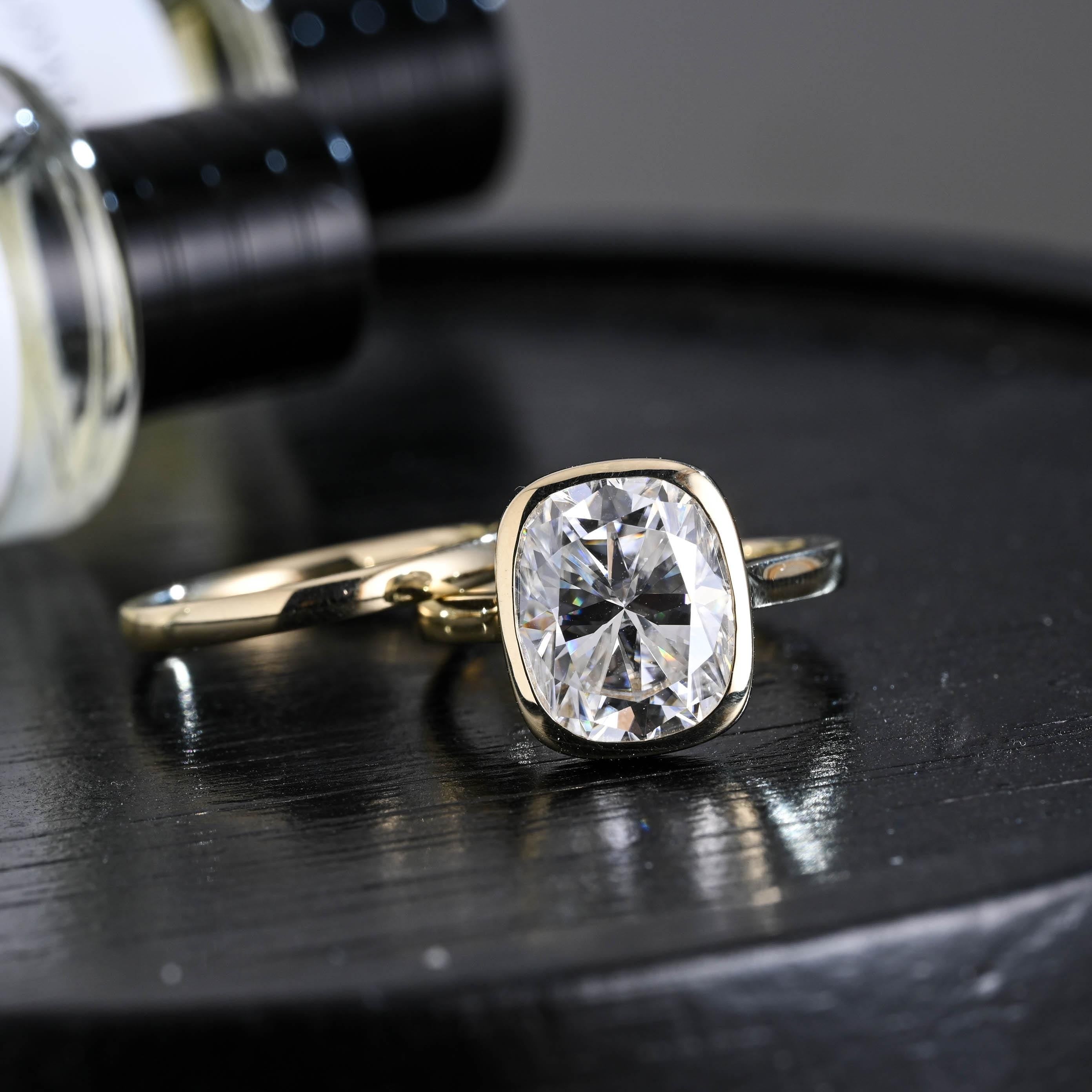 Solid Gold Bezel Elongated Cushion Cut Moissanite Engagement Ring Set, Wedding Ring Set, Bridal Set
