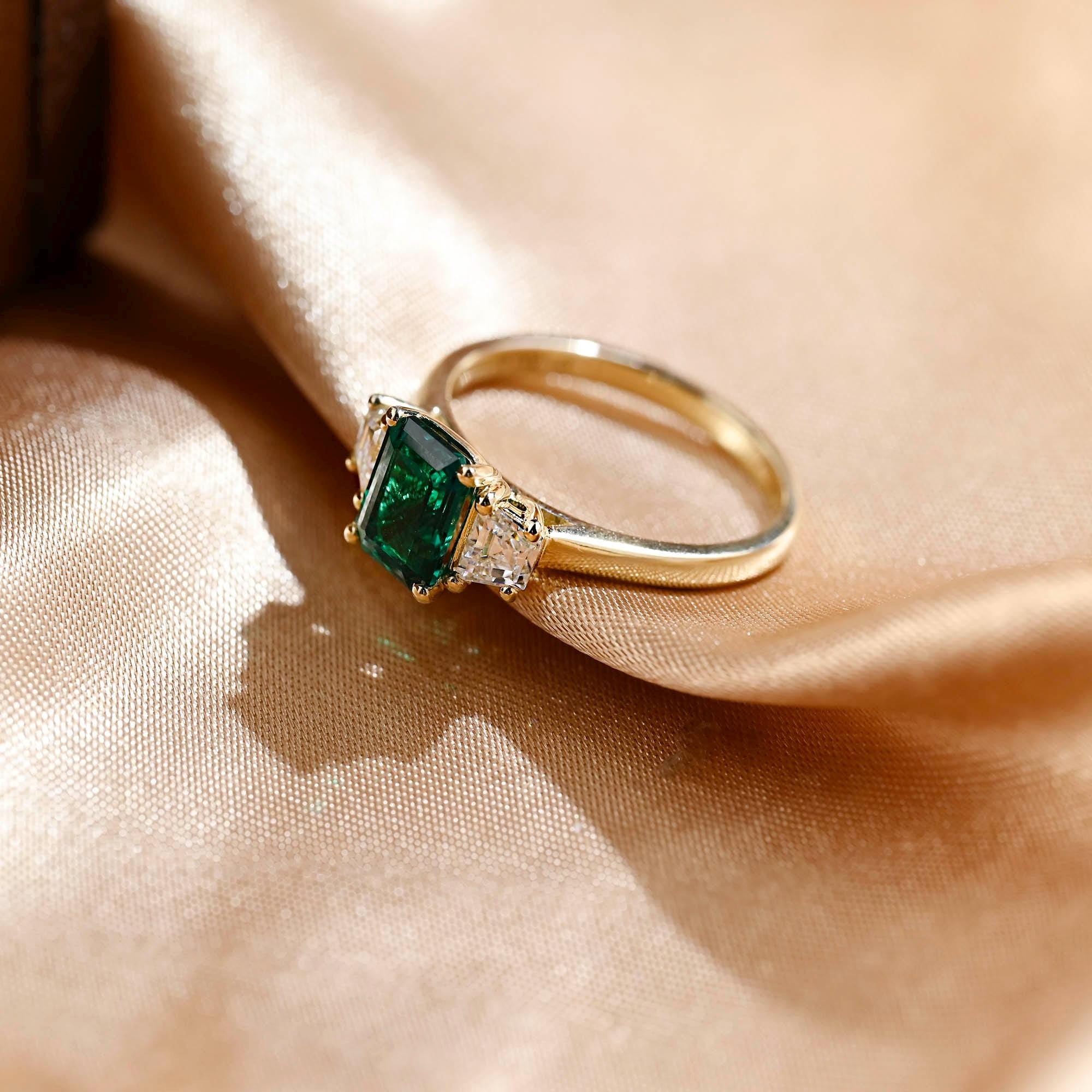 Lab Grown Emerald Engagement Ring, Three Trapezoid Moissanite Wedding Ring, Anniversary Emerald Gemstone Ring, Moissanite Gift, Emerald Ring