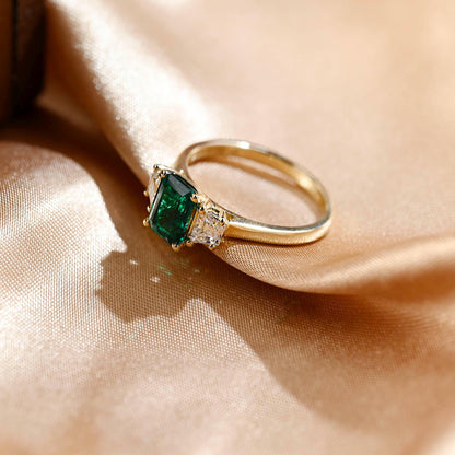 Lab Grown Emerald Engagement Ring, Three Trapezoid Moissanite Wedding Ring, Anniversary Emerald Gemstone Ring, Moissanite Gift, Emerald Ring