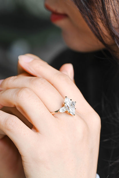 Solid Gold Marquise Moissanite Three Stone Engagement Ring, Pear Cut Accent Promise Ring