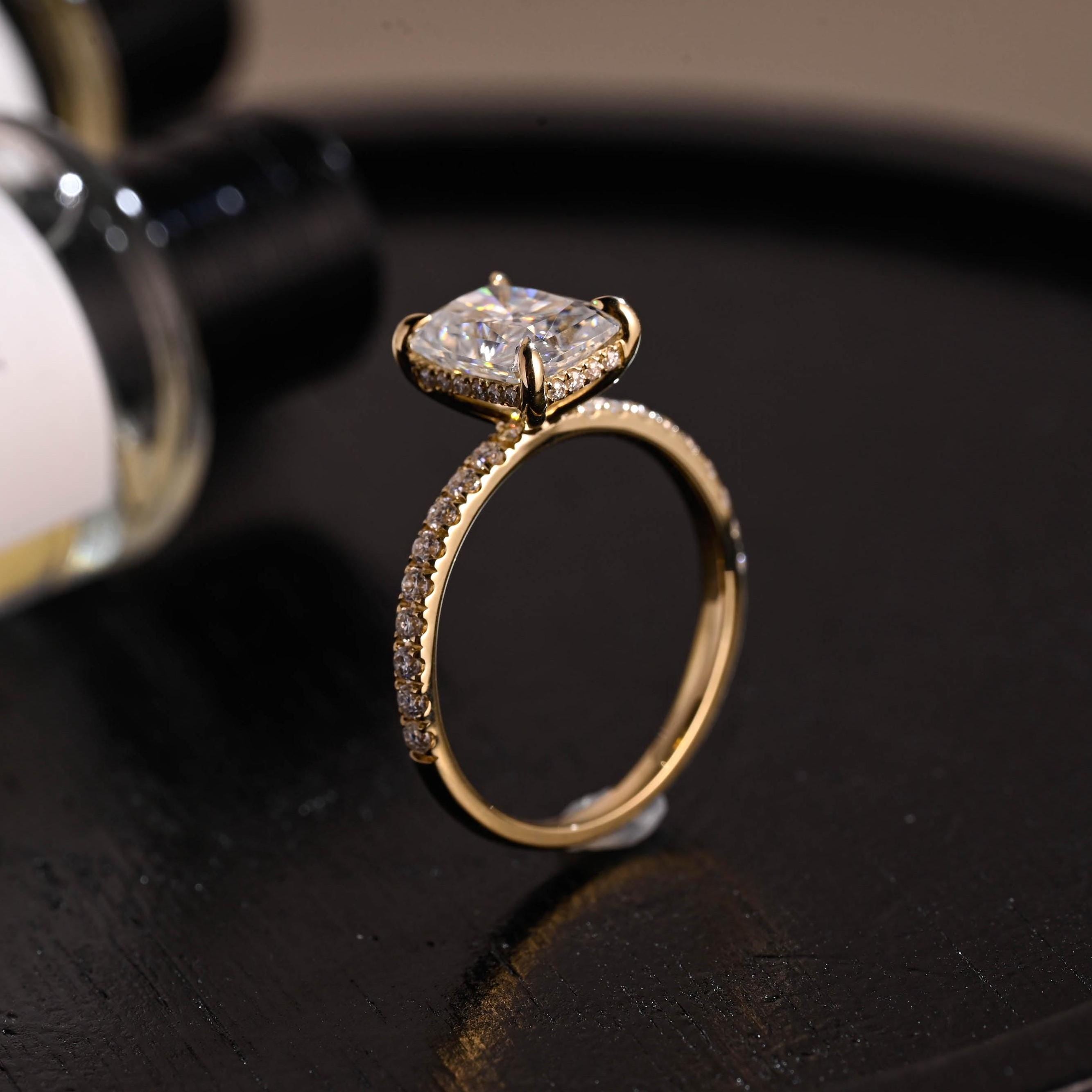Solid Gold Half Pave Hidden Halo Radiant Cut Moissanite Engagement Ring