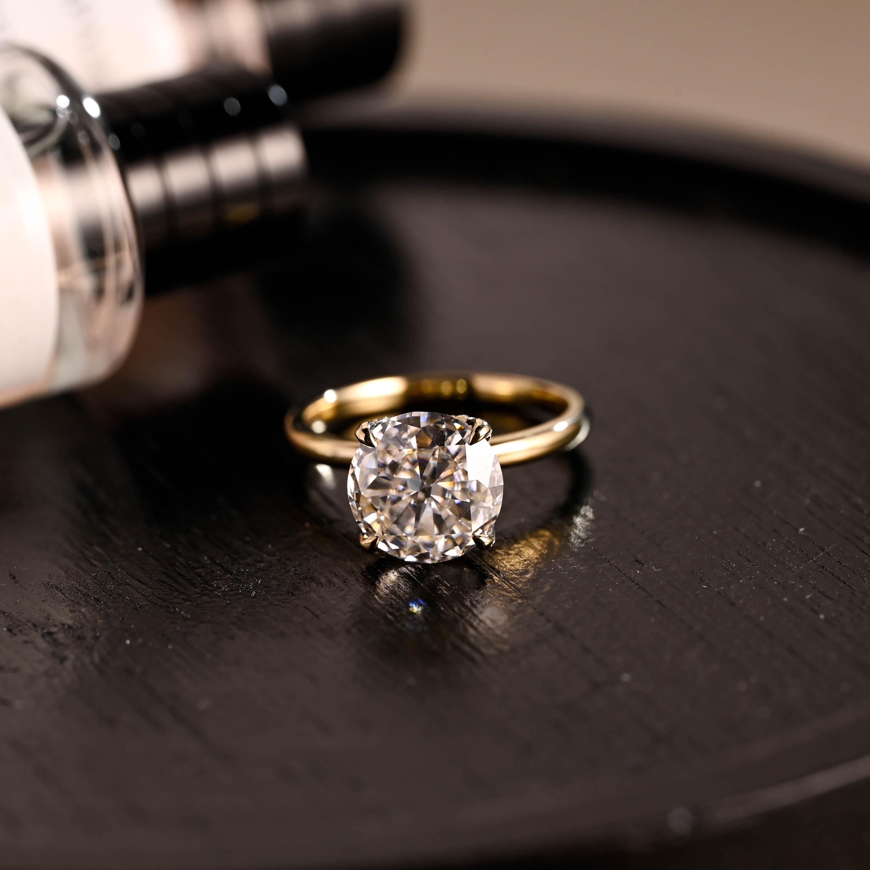 Crushed Ice Moissanite Engagement Ring, Tulip Setting, Solid Gold Hidden Halo