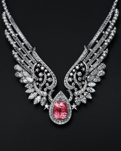 LUXURY FULLY ICED OUT VVS DIAMOND PINK STONE FLYING NECKLACE