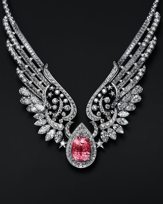 LUXURY FULLY ICED OUT VVS DIAMOND PINK STONE FLYING NECKLACE
