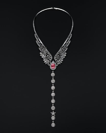 LUXURY FULLY ICED OUT VVS DIAMOND PINK STONE FLYING NECKLACE
