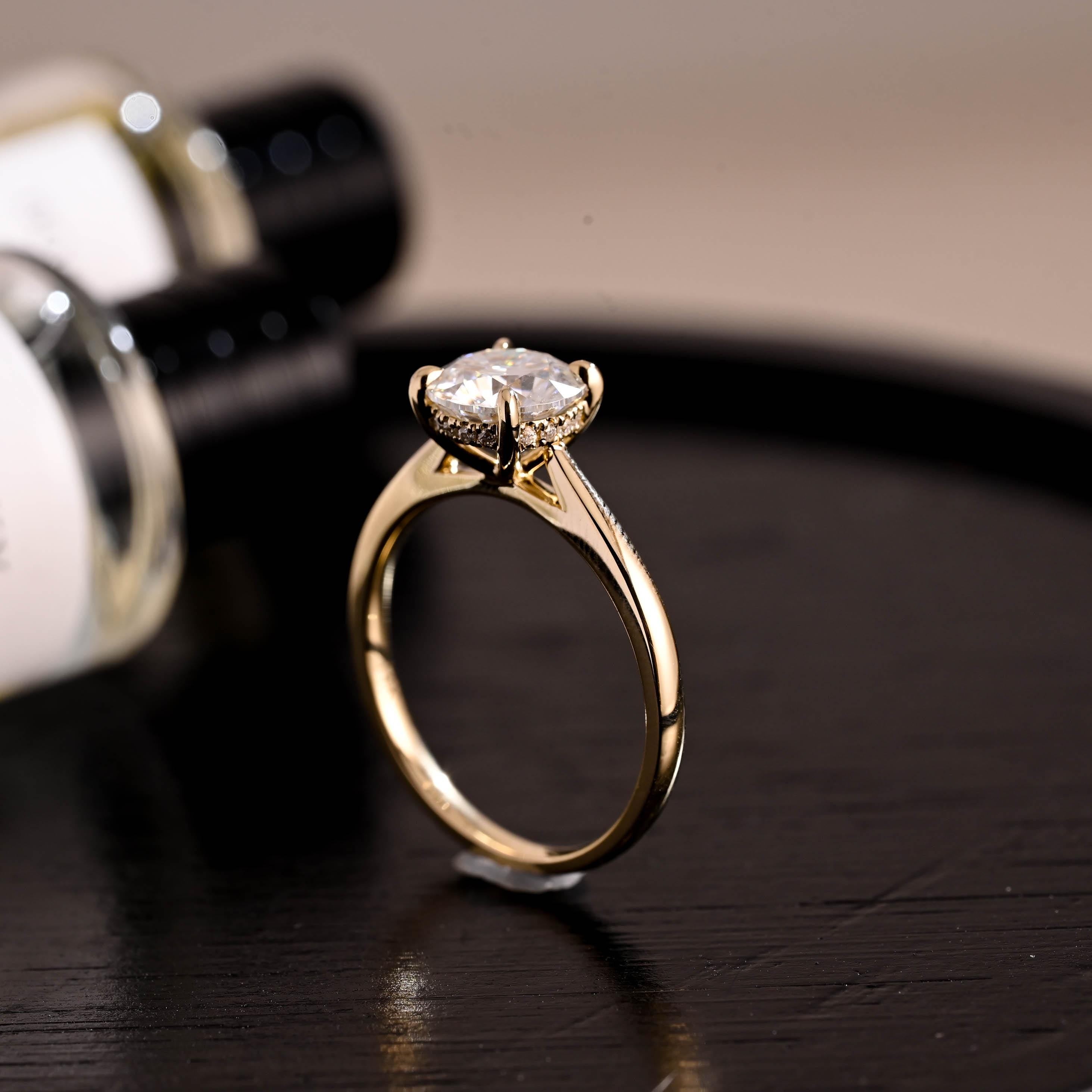 Hidden HaloCathedral Setting Round Cut Moissanite Engagement Ring, Solid Gold Classic 4 Prongs Anniversary Ring