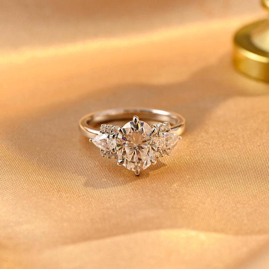 Solid Gold Three Stone Oval Cut Moissanite Engagement Ring, Side Cluster Wedding Ring