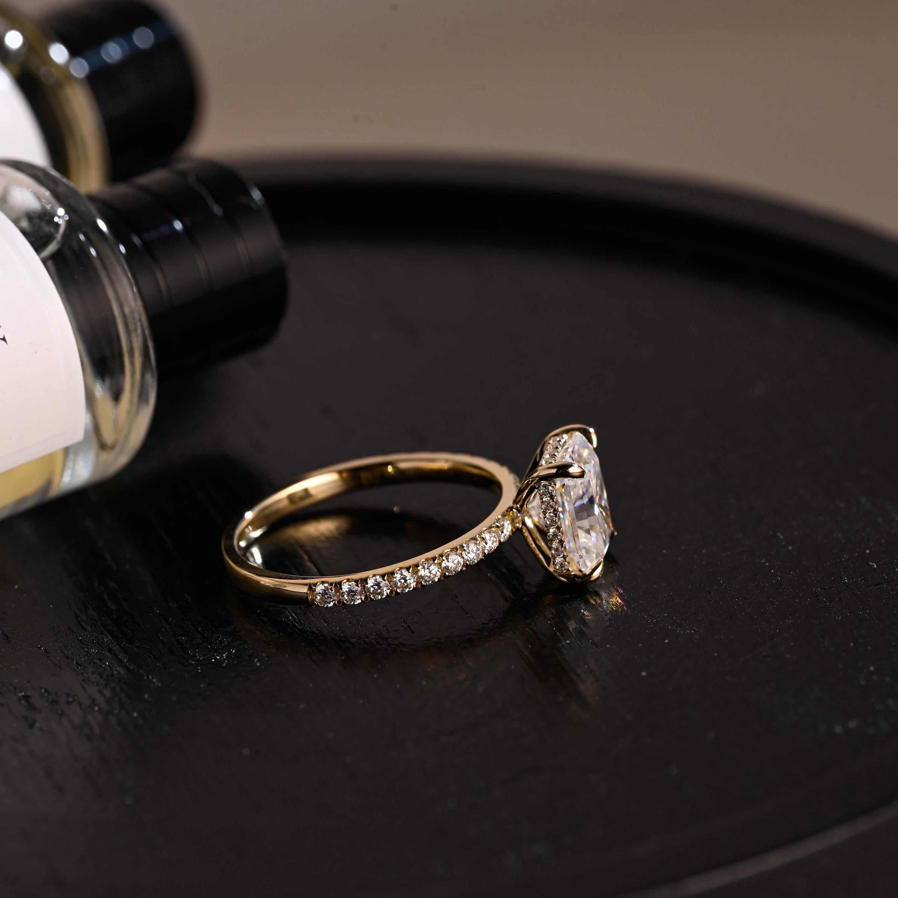 Solid Gold Half Pave Hidden Halo Radiant Cut Moissanite Engagement Ring