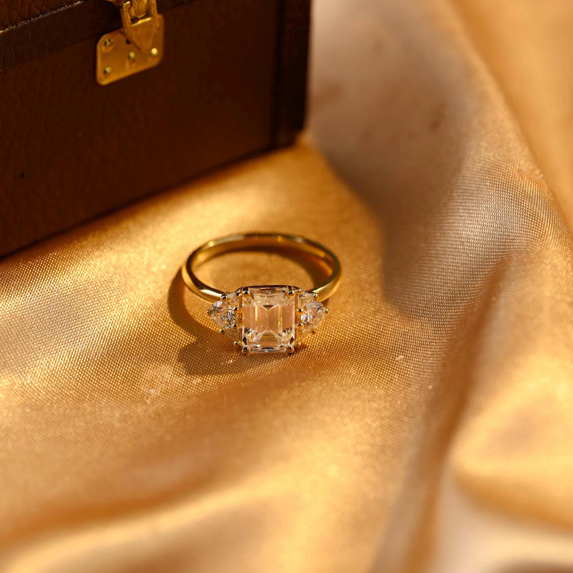 Three Stone Emerald Cut Moissanite Engagement Ring, Side Cluster Emerald Cut Moissanite Wedding Ring, Anniversary Ring, Moissanite Gifts