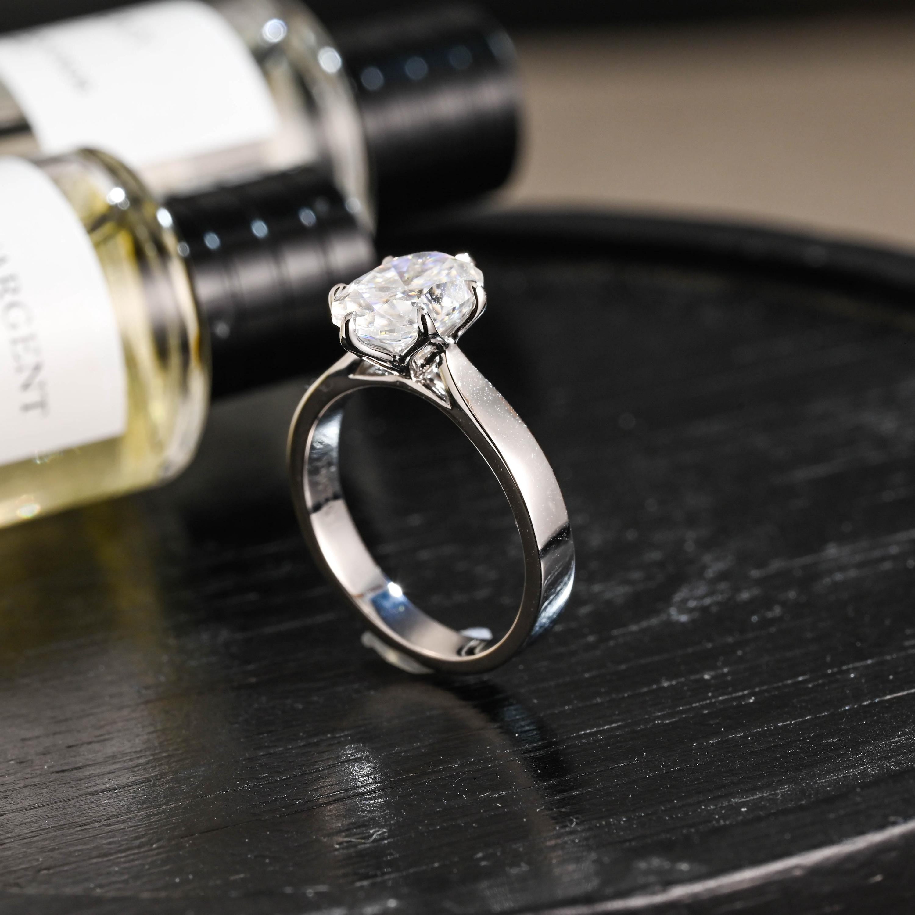 Solid Gold Solitaire 3mm Oval Cut Moissanite Engagement Ring, Anniversary Gift for Women
