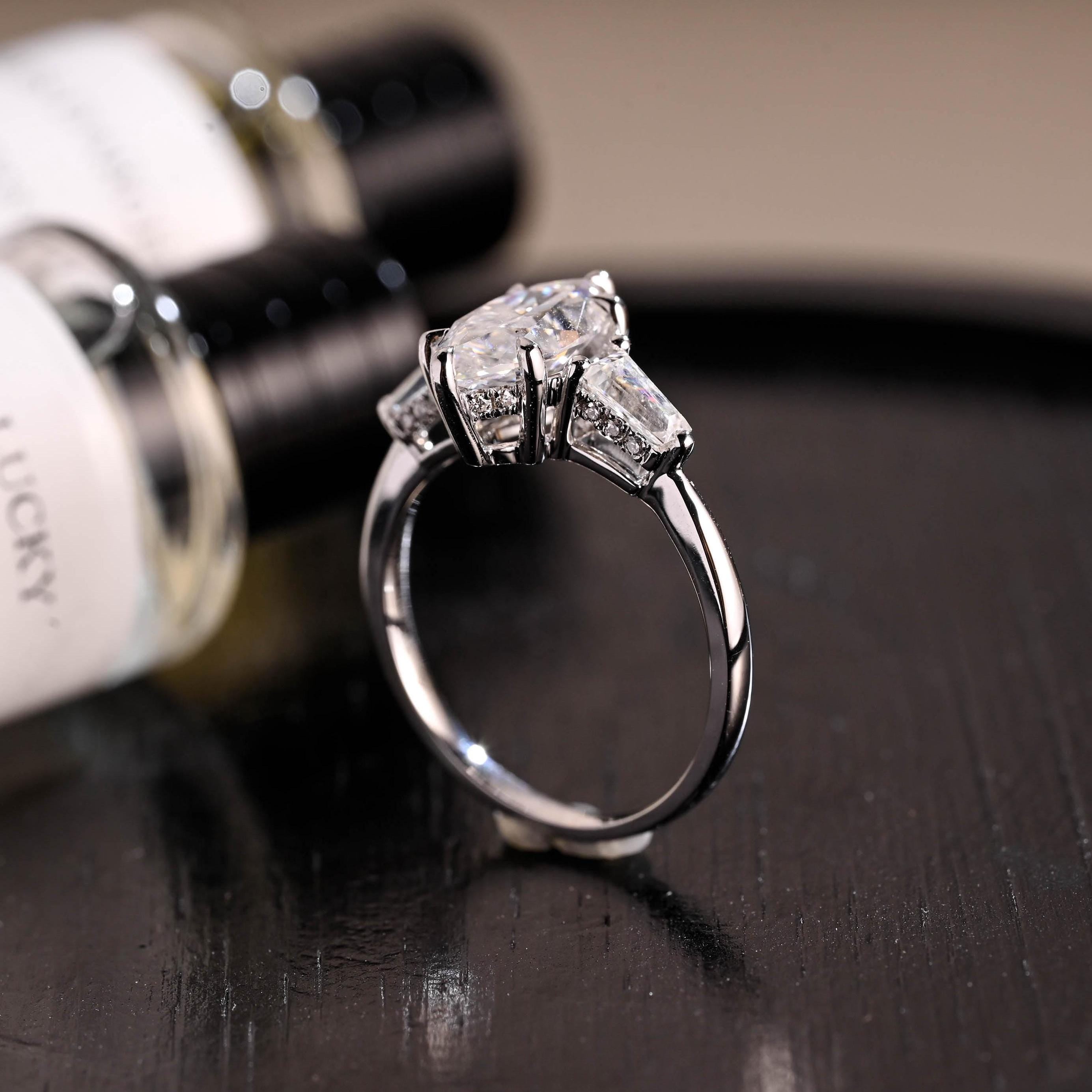 Hidden Halo Marquise Moissanite Solid Gold Engagement Ring, Three Stone Statement Ring