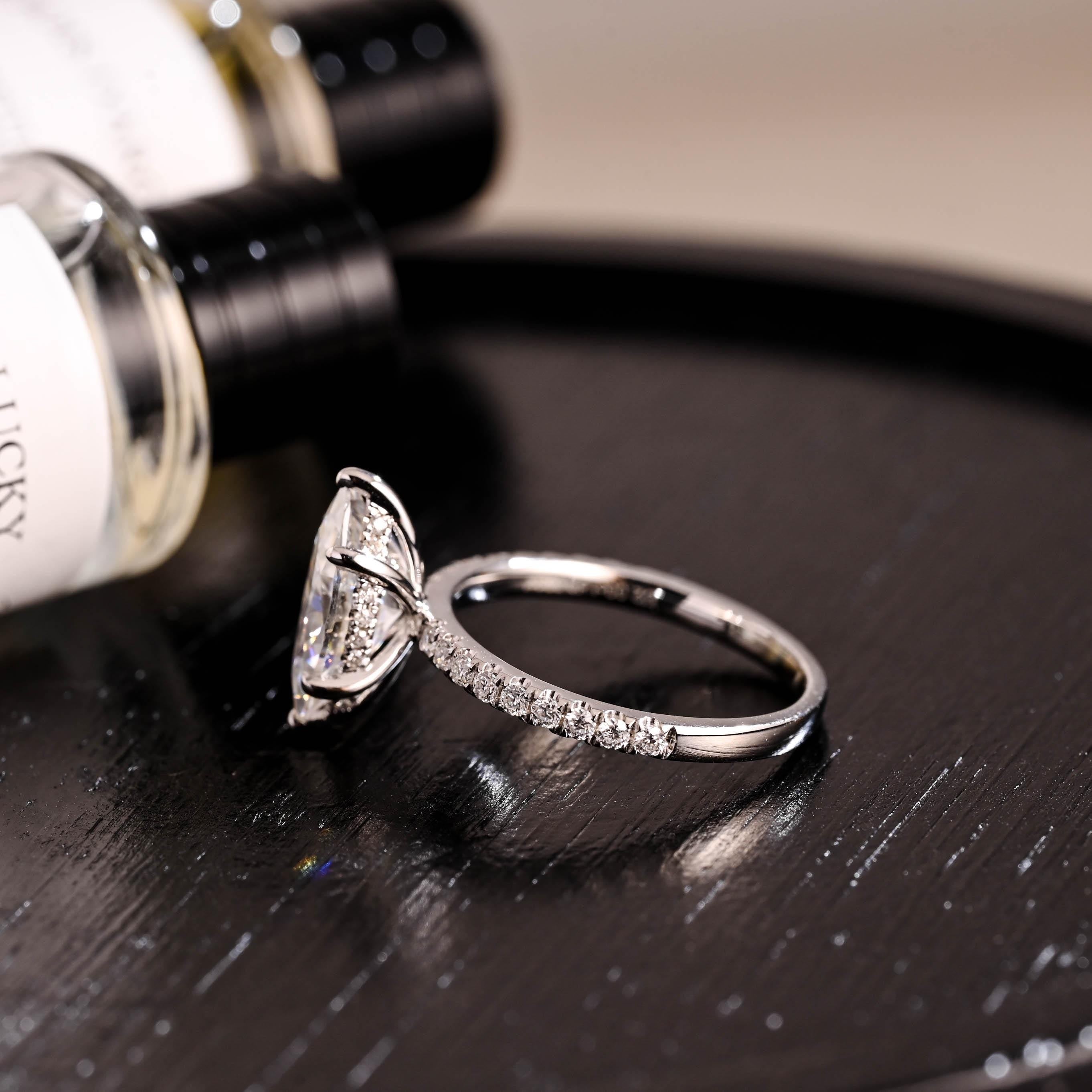 Solid Gold Hidden Halo Marquise Moissanite Engagement Ring, Half Pave Band Ring