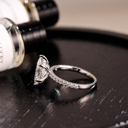 Solid Gold Hidden Halo Marquise Moissanite Engagement Ring, Half Pave Band Ring